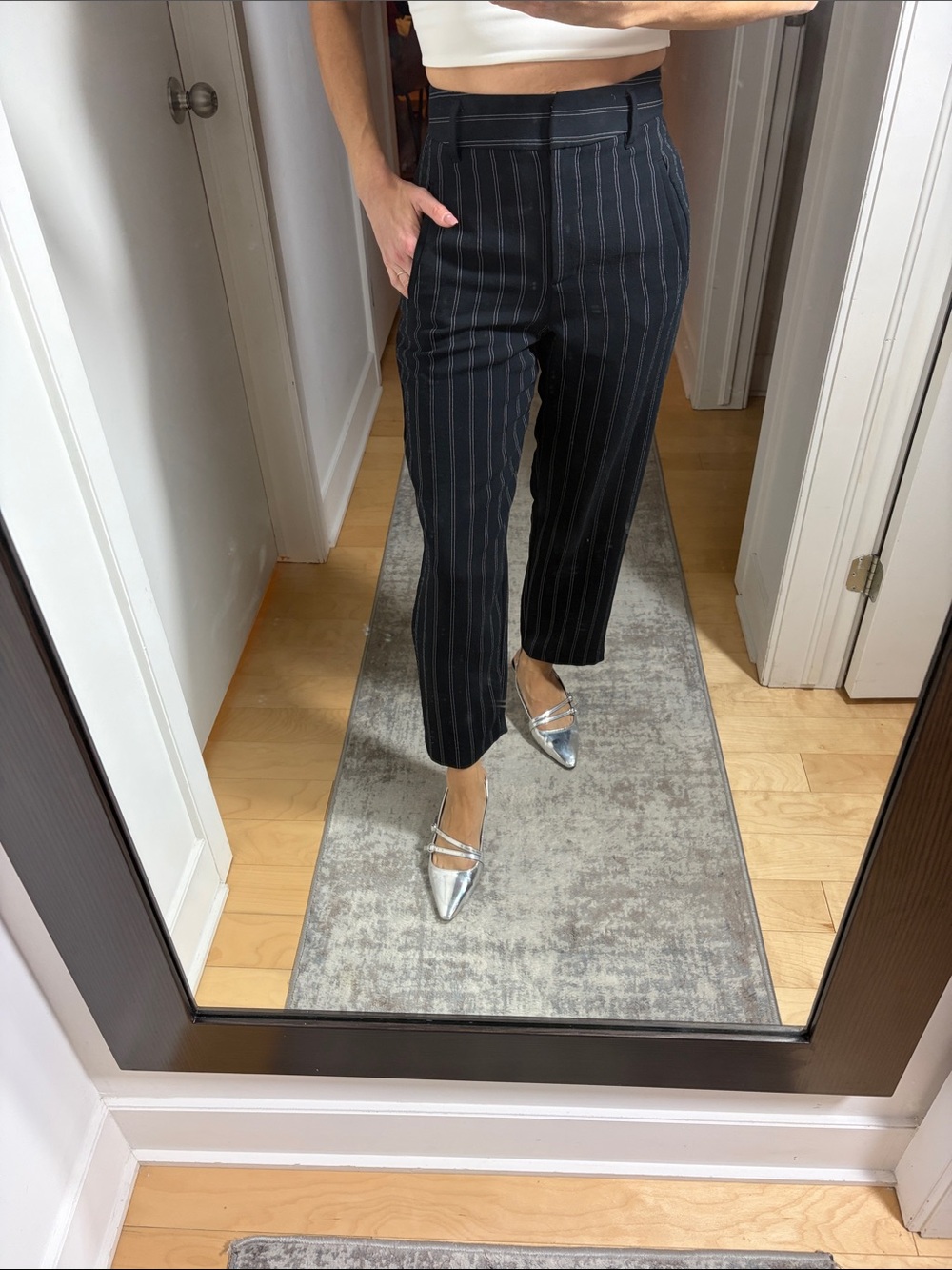 Wilfred Dark Navy and White Pinstripe Cropped Trousers